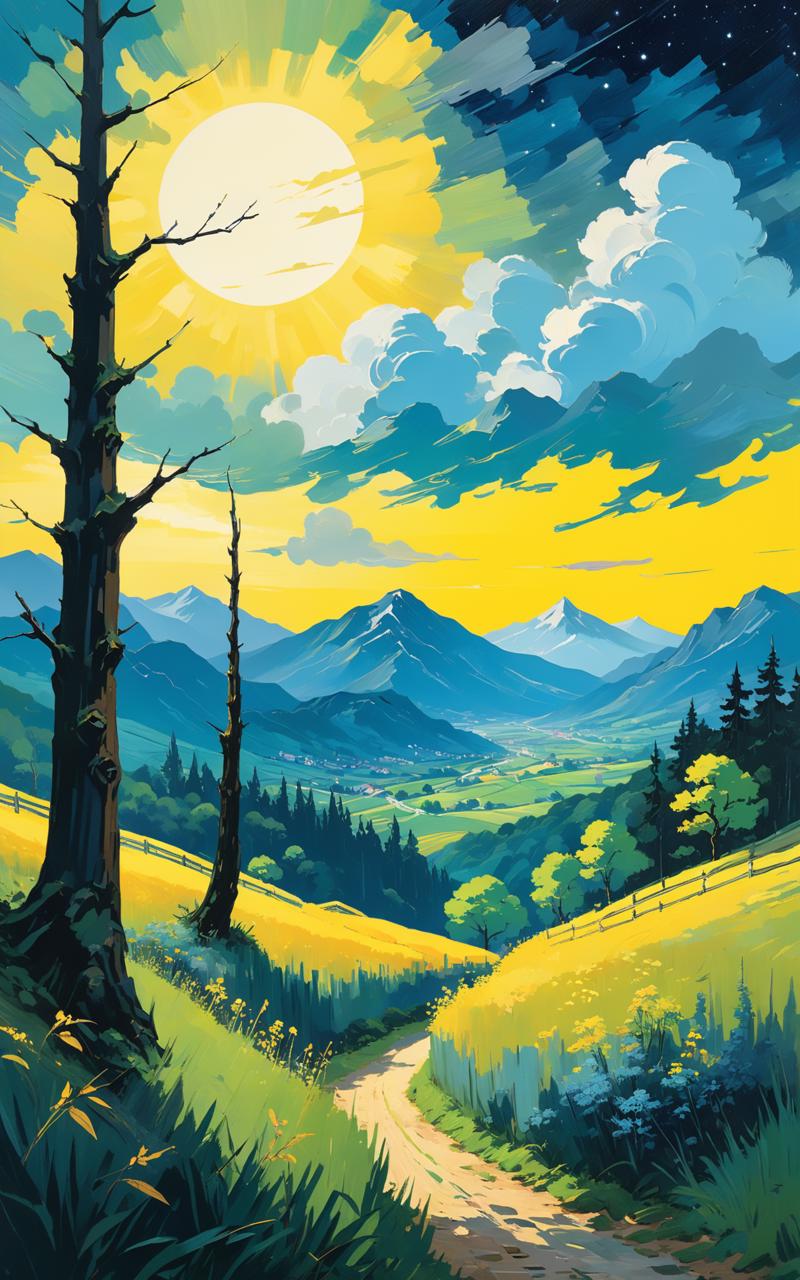 04923-3497798137-Magischer Wald mit vielen Nadelbäumen im Stil von van Gogh in der Nacht und darüber ein Himmel voll sterne im Hintergrund Berge.png